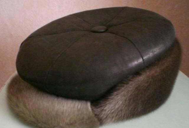 Шапка мужская зимняя, мех котик+чёрная кожа Самара