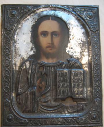 Икона Спаситель 19 век металлический  оклад 14х17 Москва