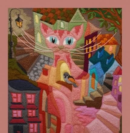 Объемный гобелен из шерсти "Город и кошка" Москва