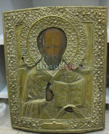Икона в окладе 19в.,св. Николай чудотв.,живопись Санкт-Петербург