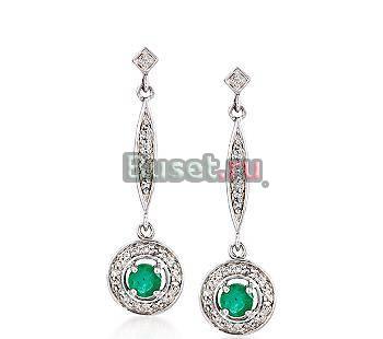Серебряные серьги-изумруды,бриллианты Москва