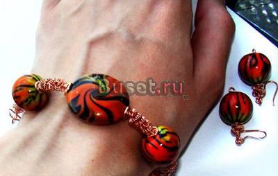 Медно-полосатый комплект: браслет и серьги Екатеринбург