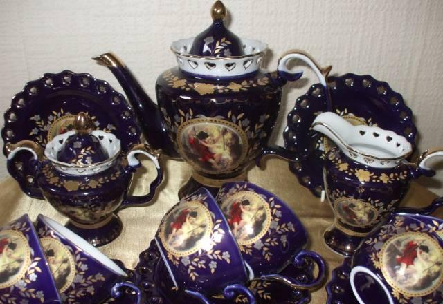 Кобальтовый прорезной Чайный сервиз, Ангел с вазой Москва