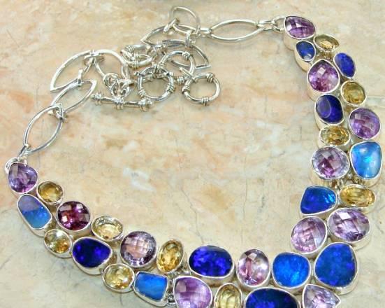 Опалы, аметисты, цитрины, серебро, колье 95гр Москва