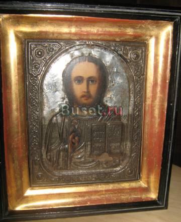 Икона Спаситель 19 век  оклад 14х17 киот 20х23 Москва