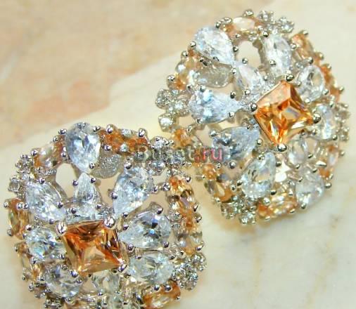 Золотые и белые топазы, серебро 925, серьги Москва