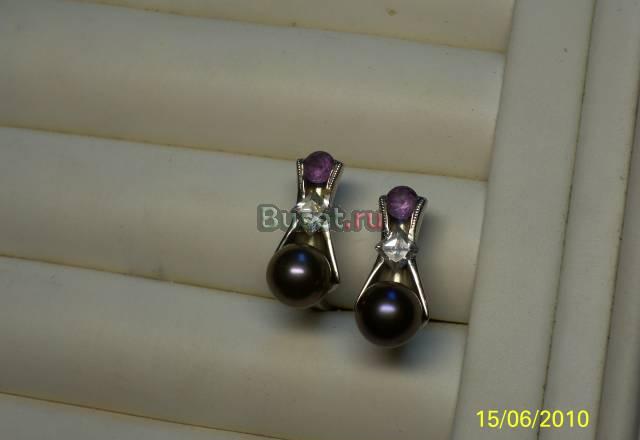 Серьги из белого зол. с натур. черн жемч. и аметис Москва