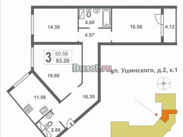 3-х комн. в Калининском р-не на ул.Ушинского, д.2 Санкт-Петербург