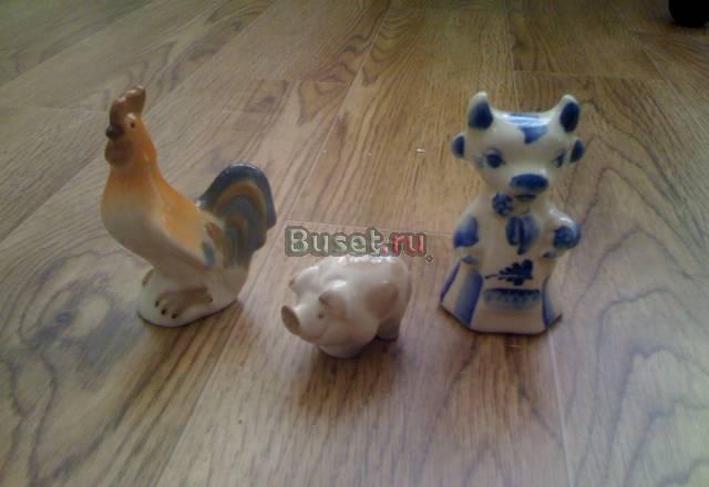 3 фигурки. Петух. Поросенок. Корова. фарфор, лфз Москва
