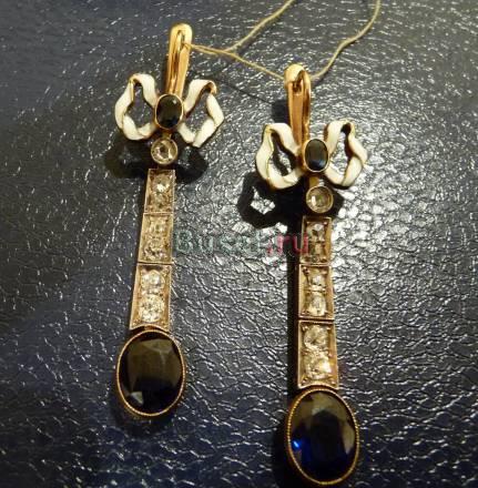Серьги старинный золотые сапфиры + бриллианты+эмал Ставрополь