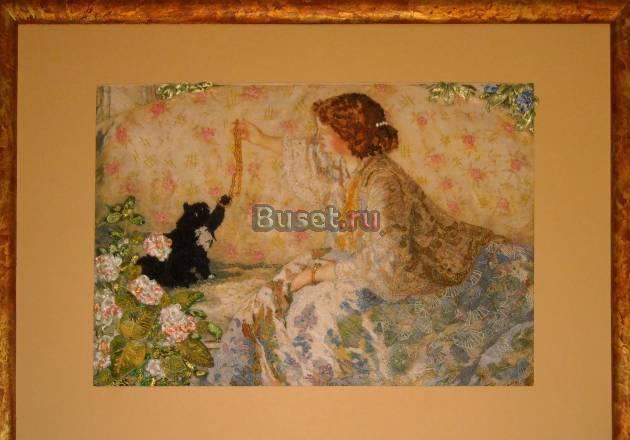Вышитая картина "Женщина с кошкой" Обнинск