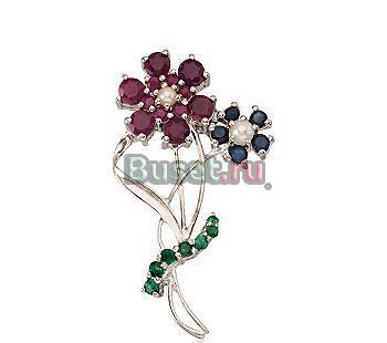 Серебряная брошь-сапфиры,рубины,изумруды,жемчуг Москва
