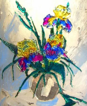 Витраж. Картина из стекла. Ирисы в вазе Москва