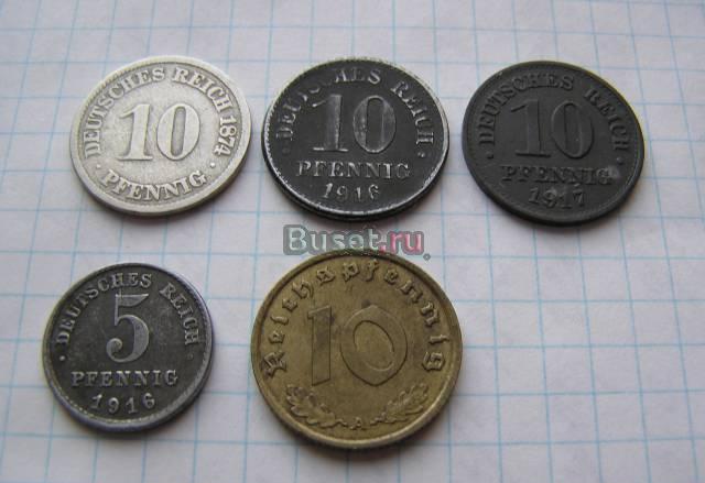 Монеты рейха 5 и 10 пфенингов 1874,1916,17, 1938 г Москва